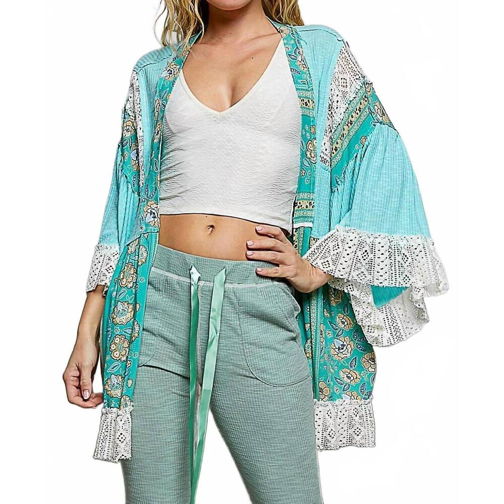 NEW POL ruffle sleeve open relaxed fit cardigan in aqua - Picture 1 of 6